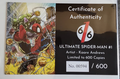 Ultimate Spider-Man Vol 3 #01 Kaare Andrews 616 Comics, Comic Traders, And Fandom Comic Shop Joint Exclusive Virgin Variant Cover #594/600 With Certificate Of Authenticity